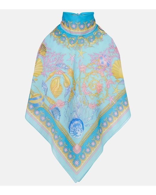 Top De Algodon Y Seda Estampado Con Cuello Halter Versace de color Blue