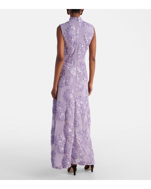 ROTATE BIRGER CHRISTENSEN Purple Floral Embroidered Mesh Maxi Dress