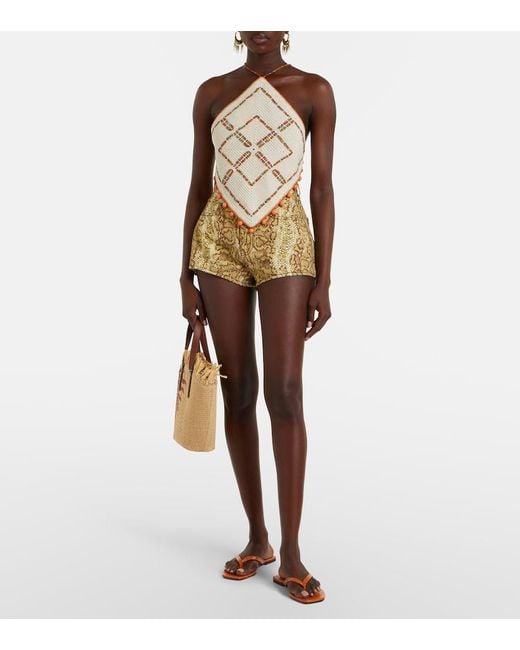 ALÉMAIS Natural Boa Snake-Print Denim Shorts