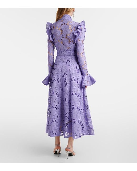 LEO LIN Purple Aliyah Floral Ruffled Lace Midi Dress