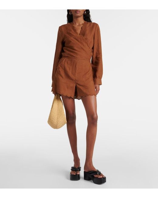 Eres Brown Joli Scalloped Linen Wrap Top