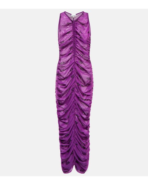 Ganni Printed Ruched Mesh Midi Dress in Purple | Lyst