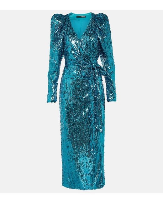 ROTATE BIRGER CHRISTENSEN Blue Puff-Sleeve Sequined Wrap Dress