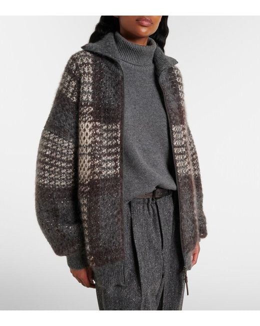 Brunello Cucinelli Gray Checked Sequined Cardigan