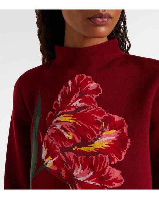Carolina Herrera Red Floral Jacquard Cotton And Wool Sweater