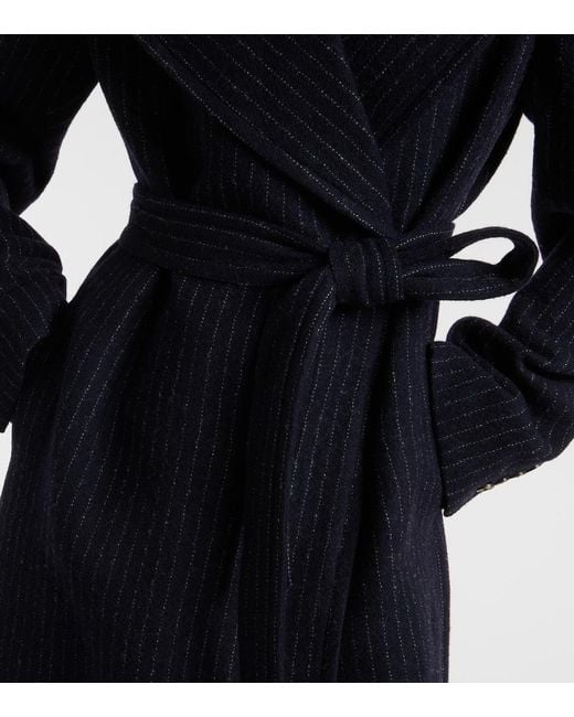 Dries Van Noten Black Belted Pinstriped Wool Coat