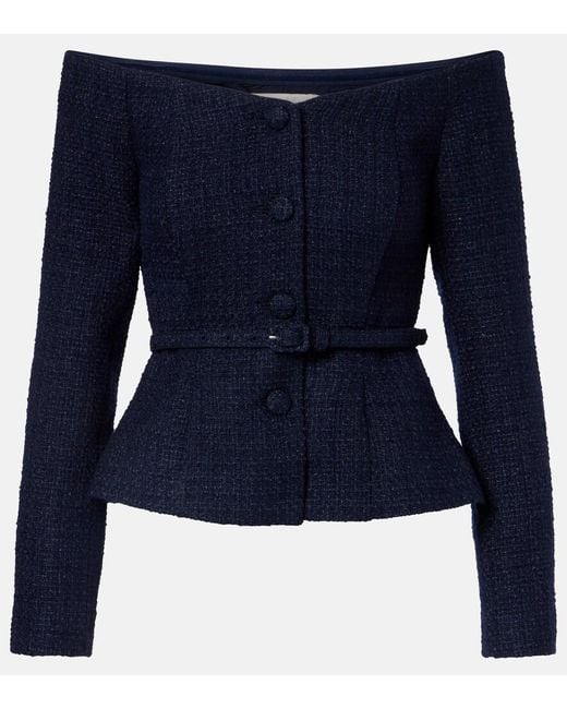 Roland Mouret Blue Off-Shoulder Boucle Top