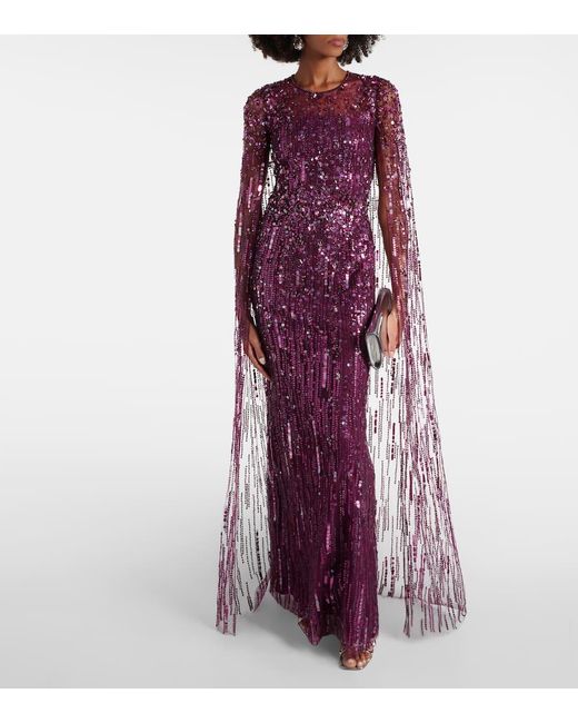 Jenny Packham Purple Ruby Caped Sequined Gown