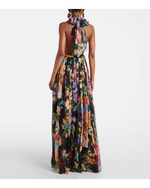 Dolce & Gabbana White Langes Kleid Aus Chiffon Mit Blumenbouquet-Print