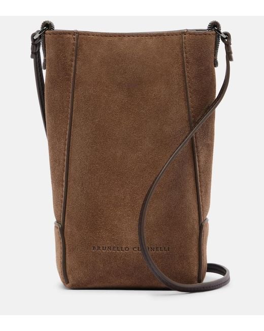 Brunello Cucinelli Brown Duo Mini Monili Suede Phone Pouch