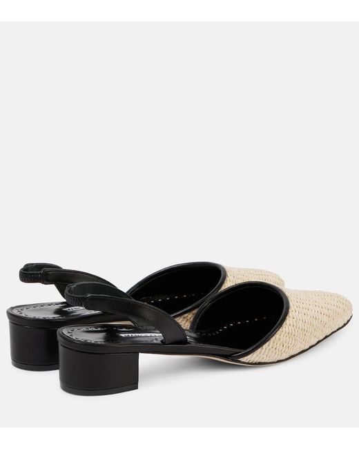 Manolo Blahnik Natural Raffro Leather-Trimmed Raffia Slingback Pumps