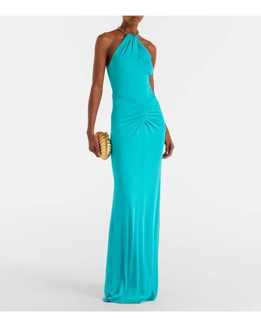Carolina Herrera Blue Halterneck Ruched Jersey Gown