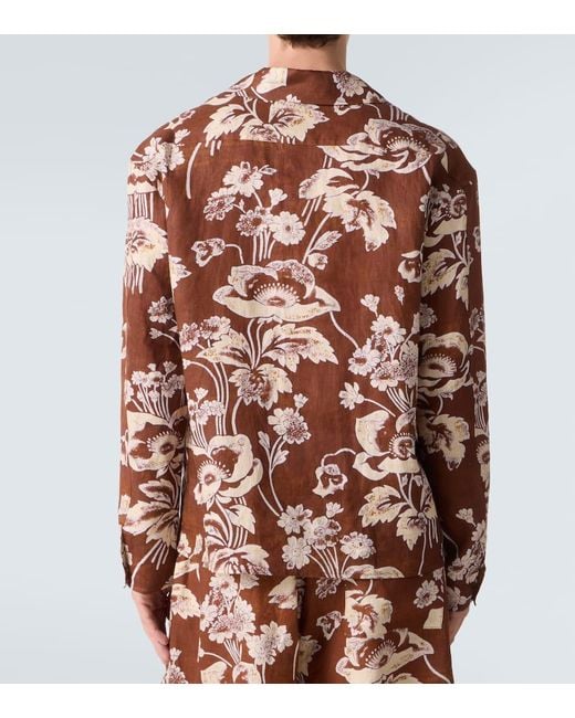 Commas Brown Floral Tie-Neck Linen Shirt for men