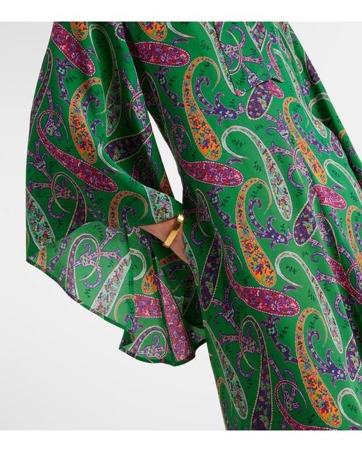 Etro Green Paisley Tie-Neck Silk Maxi Dress