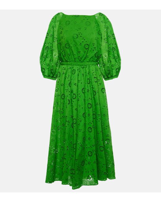 Robe midi brodee en coton Carolina Herrera en coloris Green