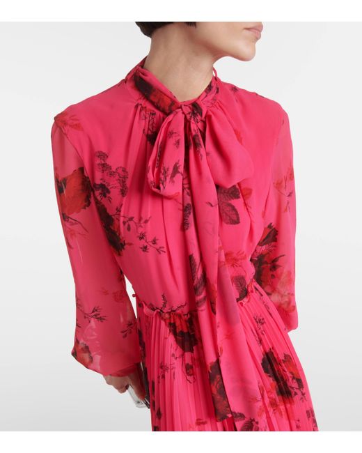 Erdem Red Floral-print Pleated Voile Gown