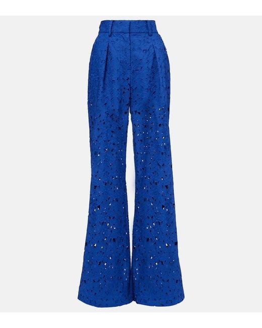 Rebecca Vallance Blue Zaffre Broderie Anglaise Cotton Flared Pants
