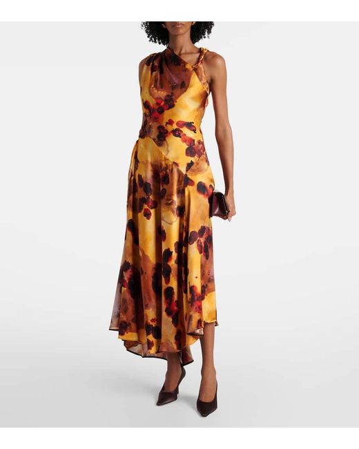 Victoria Beckham Orange Gathered Lace-Trimmed Silk Satin Gown