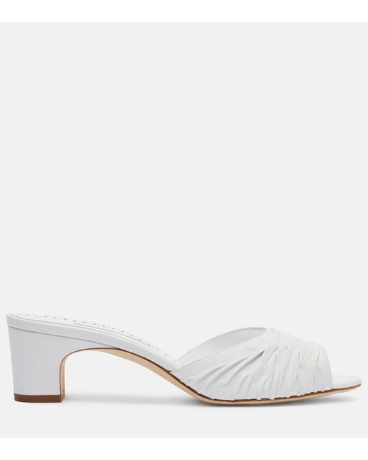 Manolo Blahnik White Piruabar 50 Ruched Leather Mules