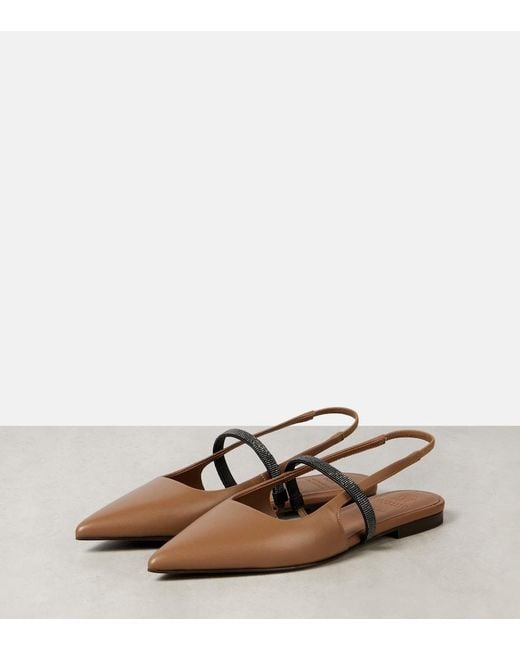 Brunello Cucinelli Brown Pointy Leather Slingback Flats