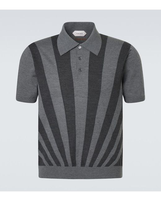 Versace Gray Intarsia Virgin Wool Polo Sweater for men