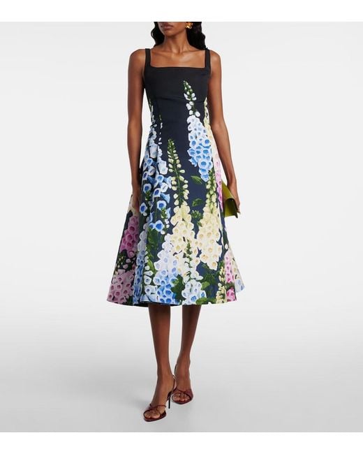 Oscar de la Renta Blue Foxglove-Printed Faille Midi Dress