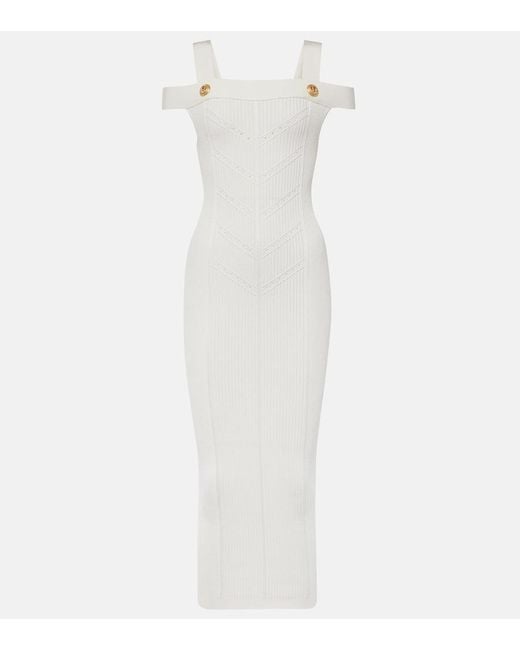 Balmain White Strickte Midi Kleid in sieben