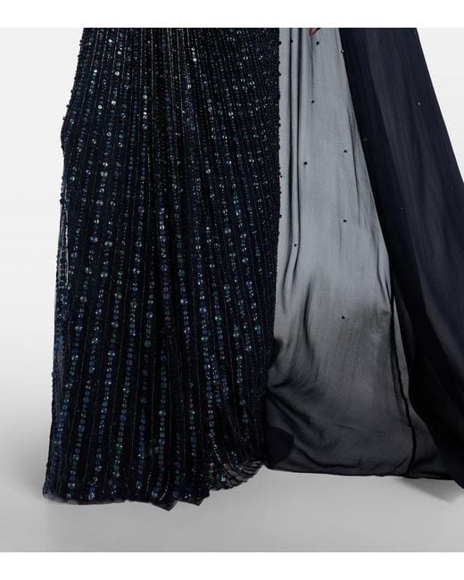 Jenny Packham Blue Thea Caped Sequined Gown