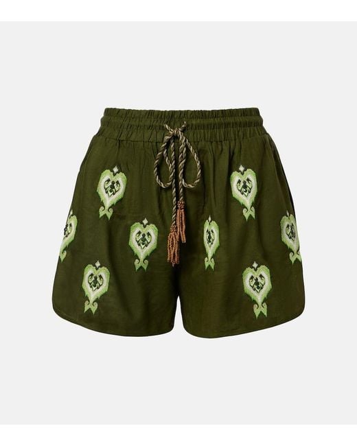 Farm Rio Green Bestickte Shorts Aus Einem Leinengemisch