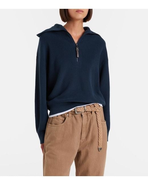 Brunello Cucinelli Blue Monili Cotton Half-Zip Sweater