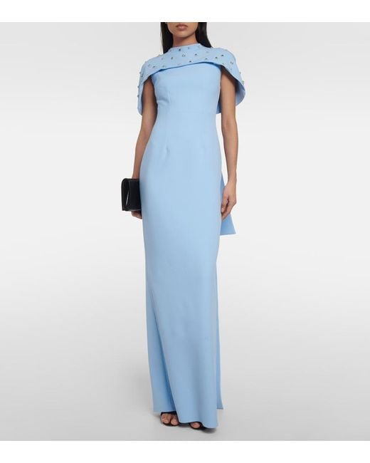 Safiyaa Blue Crystal-Embellished Caped Gown