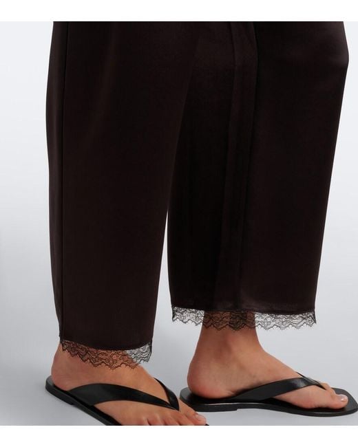 Leset Black Barb Lace-Trimmed Satin Wide-Leg Pants