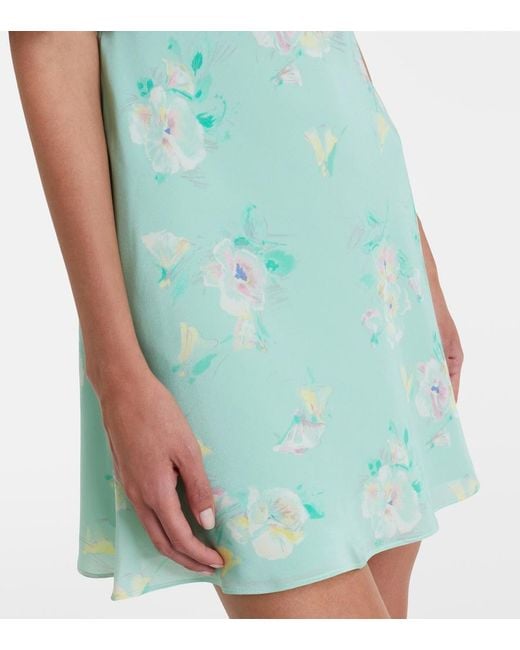 Alessandra Rich Green Lace-Trimmed Floral Silk Minidress