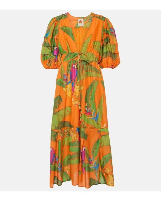 Farm Rio Yellow Fresh Macaws Cotton Midi Dress
