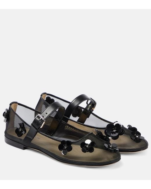 Mach & Mach Black Sequined Floral-applique Mary Jane Flats