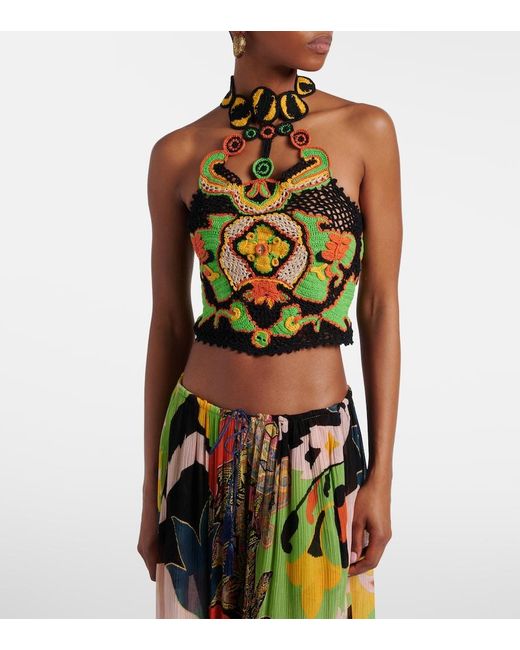 Etro Green Floral Crochet Cotton Crop Top