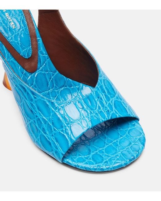 Dries Van Noten Blue Croc-Effect Leather Wedge Sandals