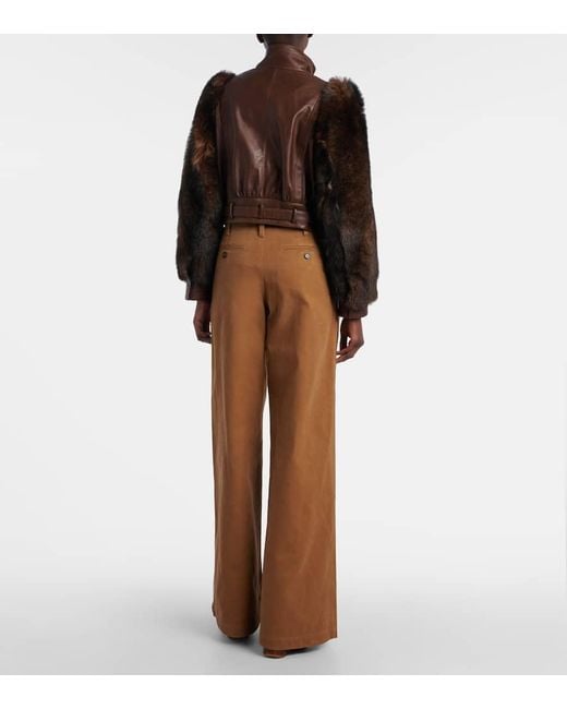 Chloé Brown Cropped Shearling-Trimmed Leather Jacket