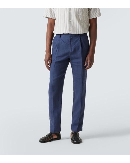 Sunspel Blue Pleated Linen Straight Pants for men