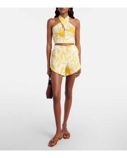 Cala De La Cruz Metallic Ivy Printed Halterneck Linen Crop Top