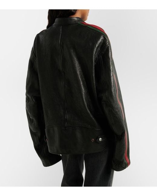 Gucci Black Web Stripe Leather Biker Jacket