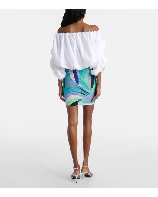 Emilio Pucci Blue Ruched Off-Shoulder Cotton Minidress