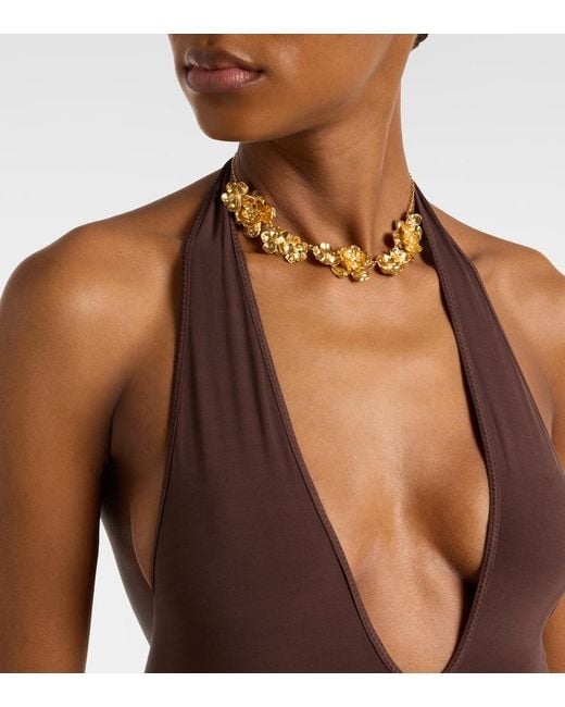Zimmermann Brown Luna Halterneck Open-Back Bodysuit