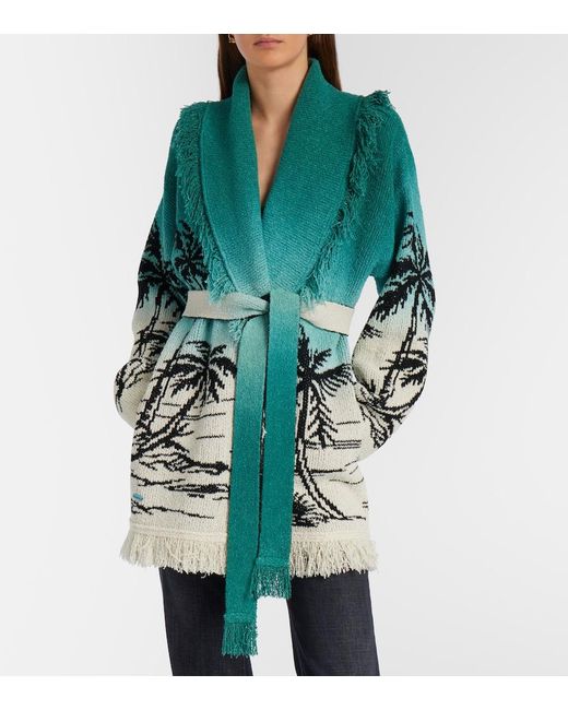 Alanui Green Wave Bloom Fringed Cotton-Blend Jacquard Cardigan