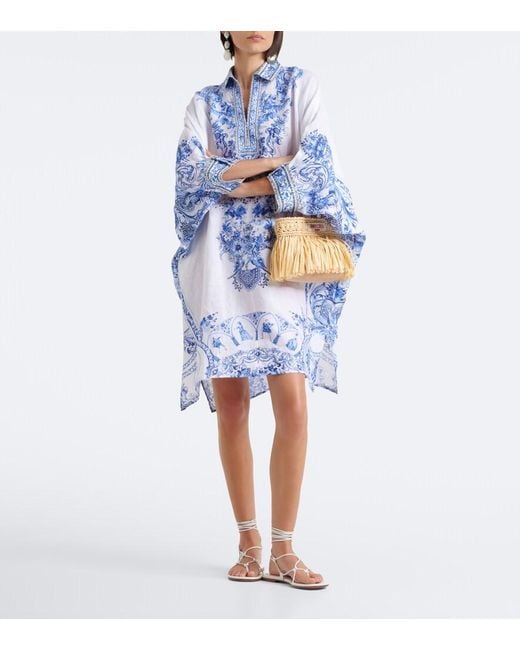 Camilla Blue Floral Crystal-Embellished Linen Kaftan