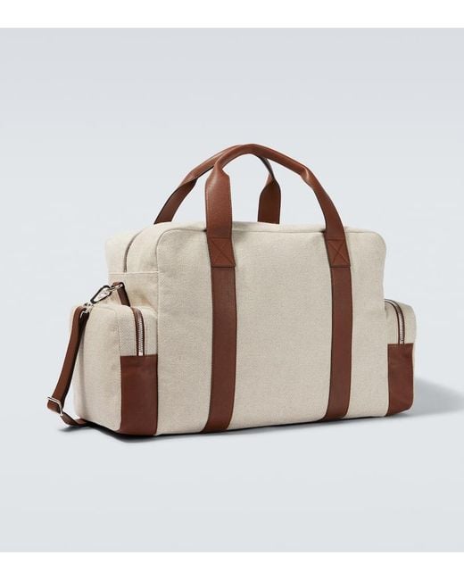 Brunello Cucinelli Brown Leather-Trimmed Canvas Duffel Bag for men