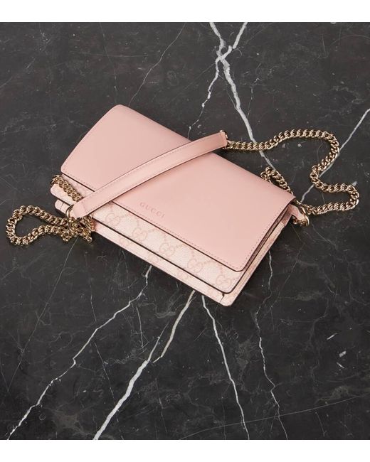 Gucci Pink Gg Emblem Leather-Trimmed Wallet On Chain