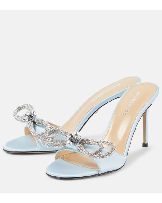 Mach & Mach White Double Bow Embellished Satin Sandals
