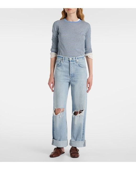 Citizens of Humanity Blue Ayla Distressed Mid-Rise Wide-Leg Jeans