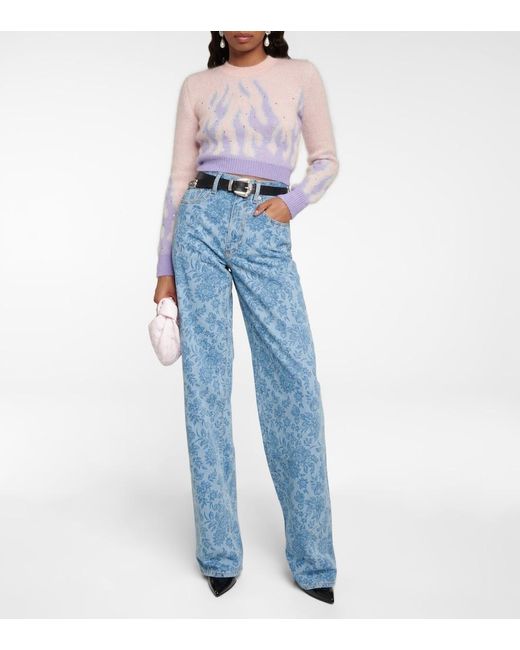 Alessandra Rich Purple Embellished Jacquard Mohair-Blend Sweater